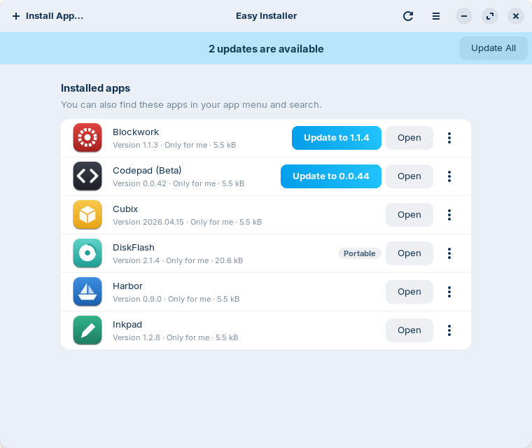 The Easy Installer window lists installed apps with their versions. Two apps show an Update button, and a banner says that 2 updates are available.