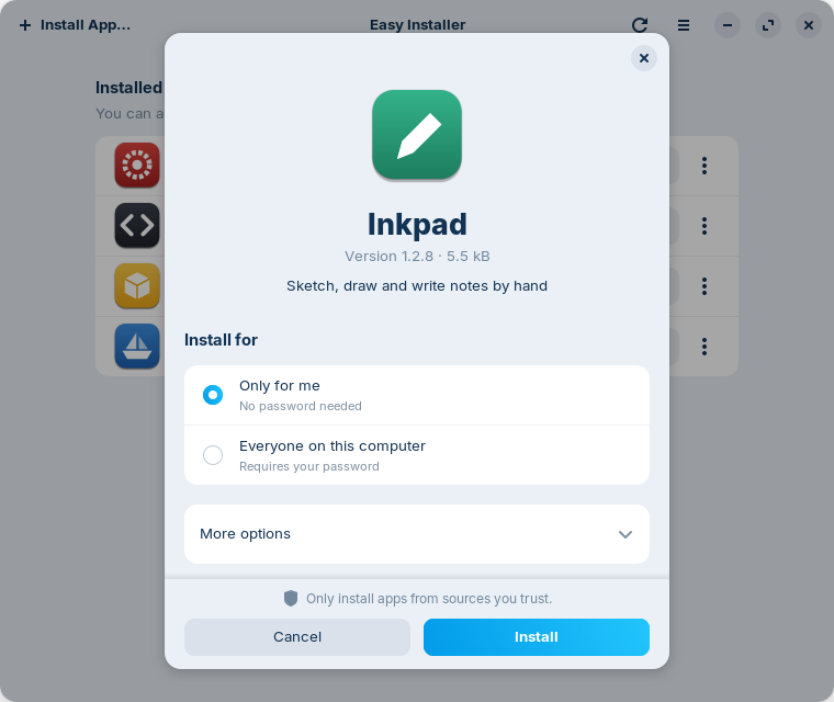 The install dialog for Inkpad shows its icon, version and description, with a choice to install it only for you or for everyone on the computer.