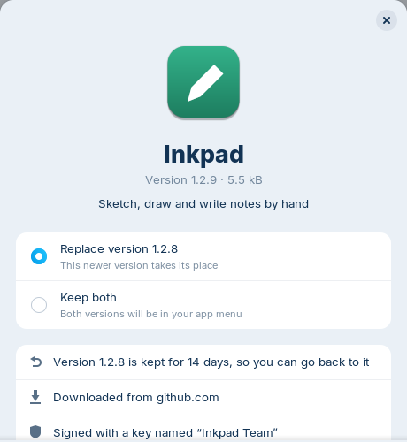 Install dialog for an update: the older version is kept for 14 days, the file was downloaded from github.com and is signed.