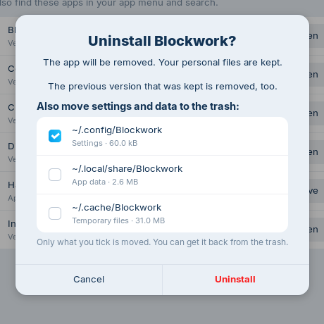 Uninstall dialog with checkboxes to also move the app's settings, data and temporary files to the trash.