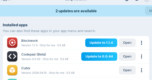 The app list with a banner saying 2 updates are available and buttons such as Update to 1.1.4.